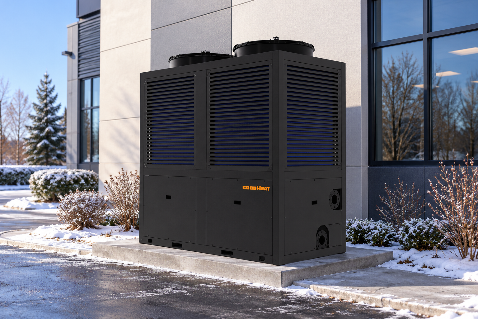 GOODHEAT R290 commercial heat pump on a clear service pad in a winter setting