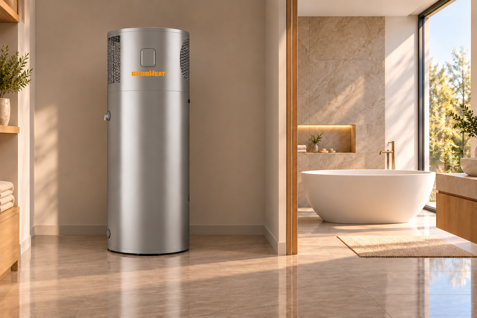 GOODHEAT R134a heat pump water heater serving a contemporary bathroom