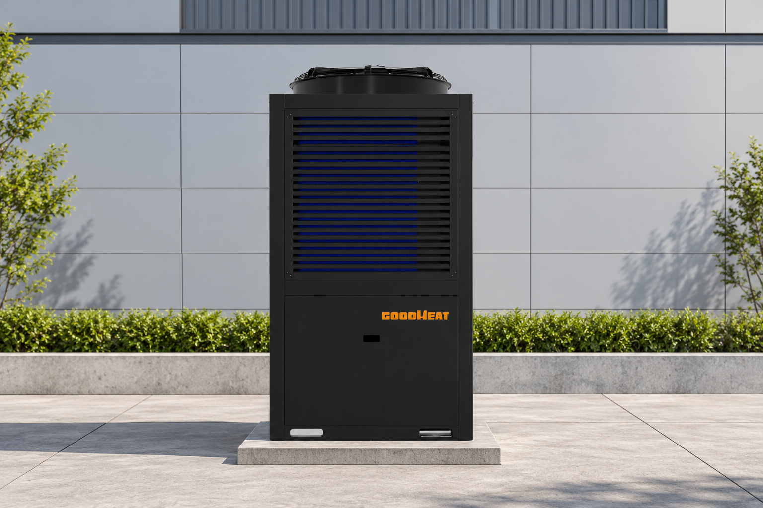 GOODHEAT R290 single-fan commercial heat pump water heater in a building service yard